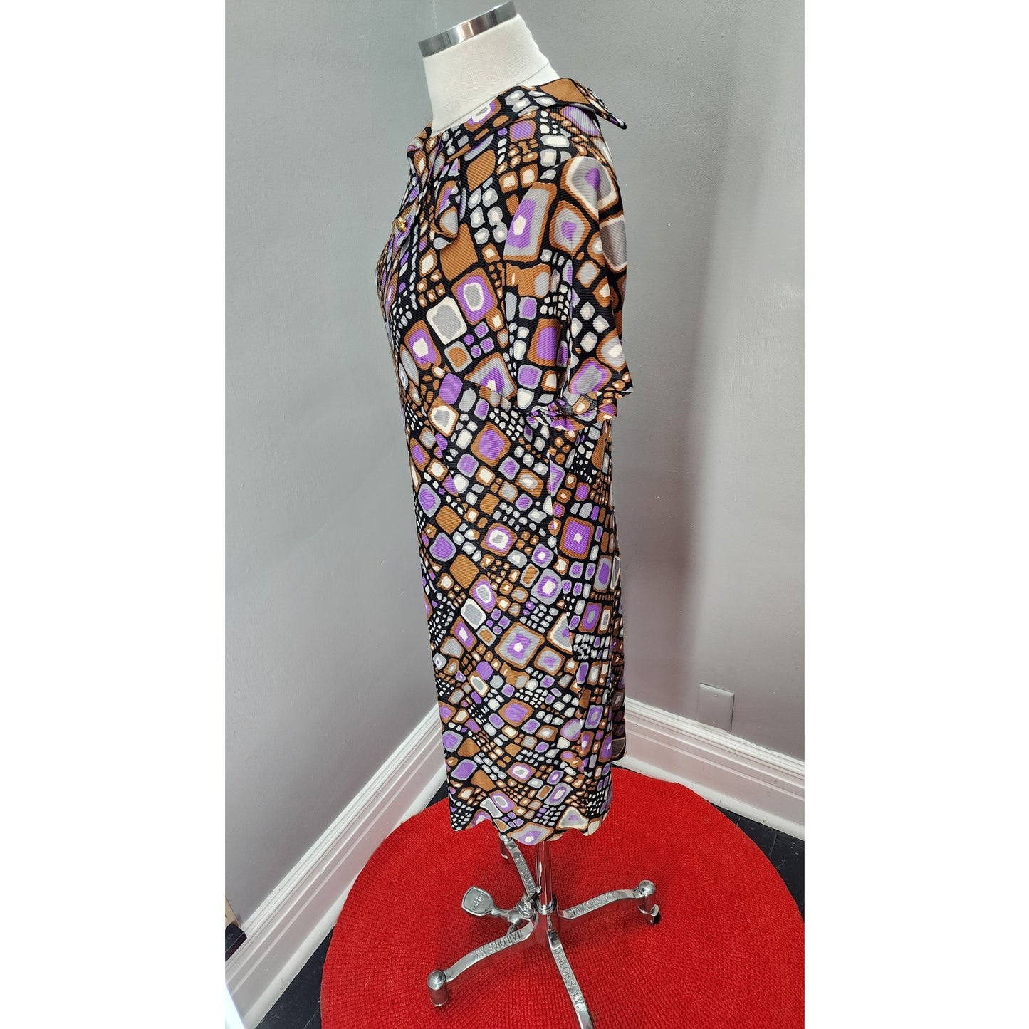 70s Vintage Geometric Shift Dress in Brown and Purple - L