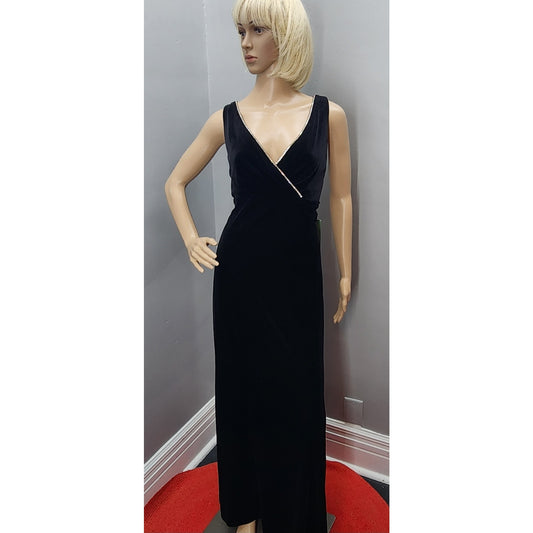 90s Vintage Black Tie Velour Rhinestone Gown - M