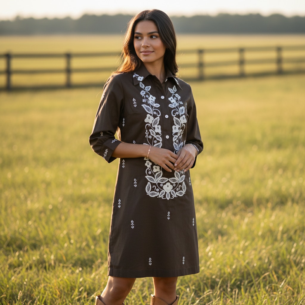 70s Vintage Tesoro's Embroidered Brown Shift Dress - S