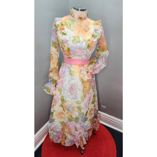 70s Vintage Muted Poppies Prairie Maxi - S