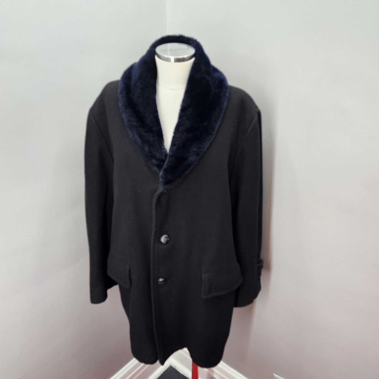 80s Men's Dan Jac Black Wool Winter Coat, Faux Fur - 46R