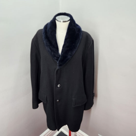 80s Men's Dan Jac Black Wool Winter Coat, Faux Fur - 46R