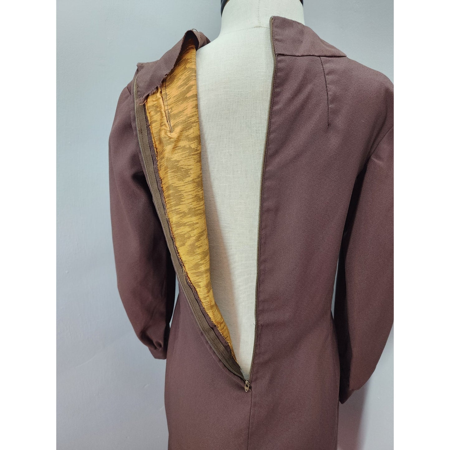 60s Vintage Handmade Brown Long Sleeved Sheath Dress - M