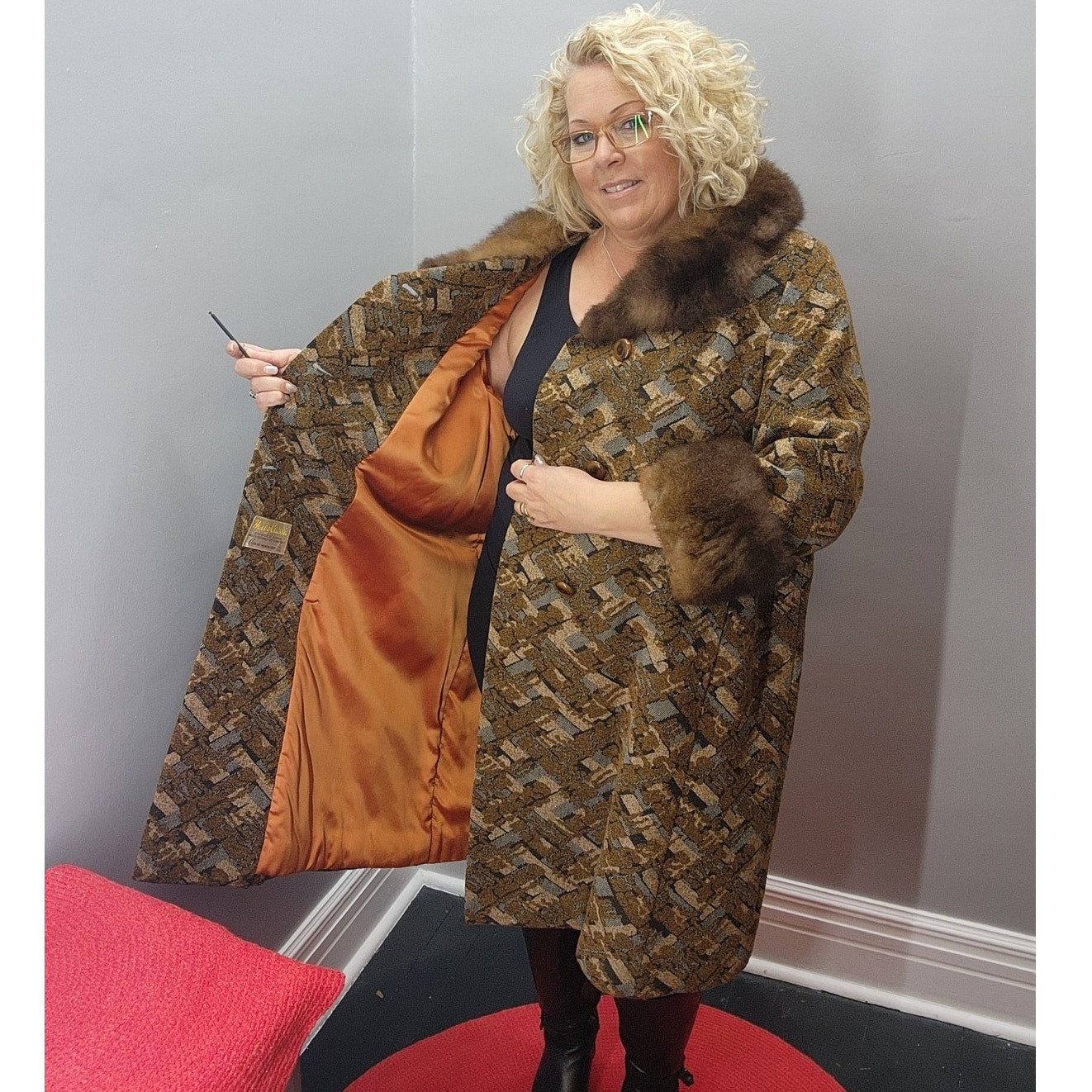 60s Vintage Kalin's (Holly Classic)Tapestry Coat w/Fur Trim - XXL