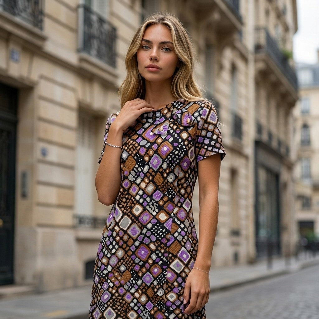 70s Vintage Geometric Shift Dress in Brown and Purple - L