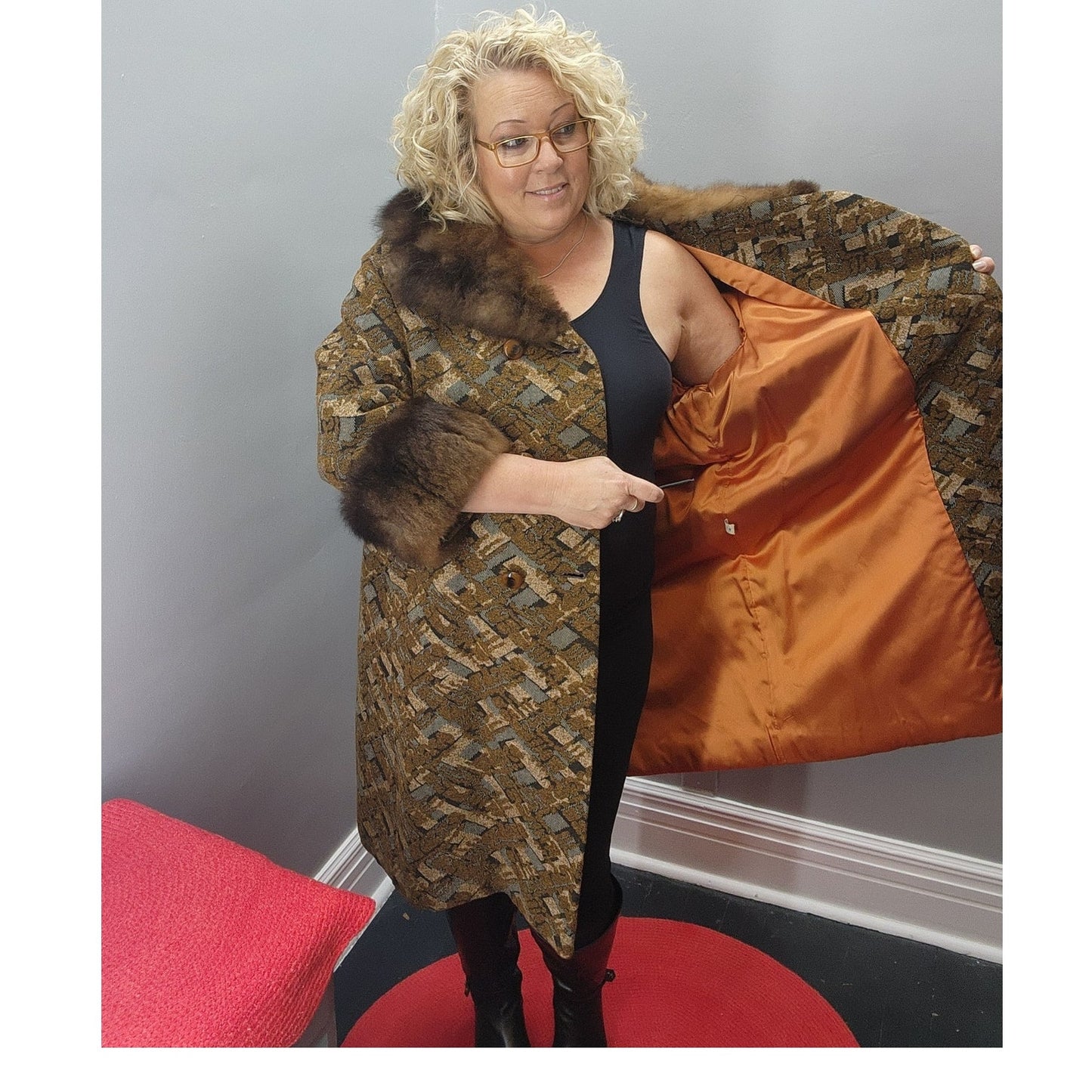 60s Vintage Kalin's (Holly Classic)Tapestry Coat w/Fur Trim - XXL