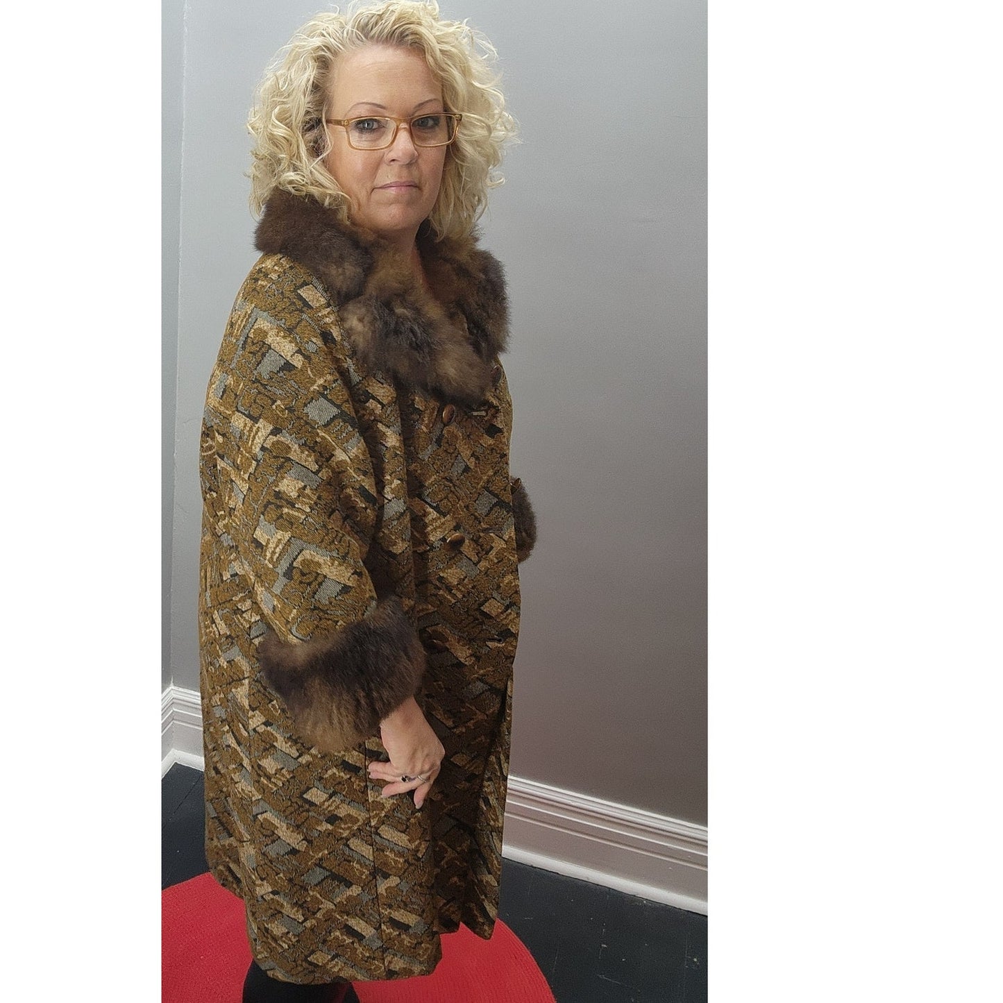60s Vintage Kalin's (Holly Classic)Tapestry Coat w/Fur Trim - XXL