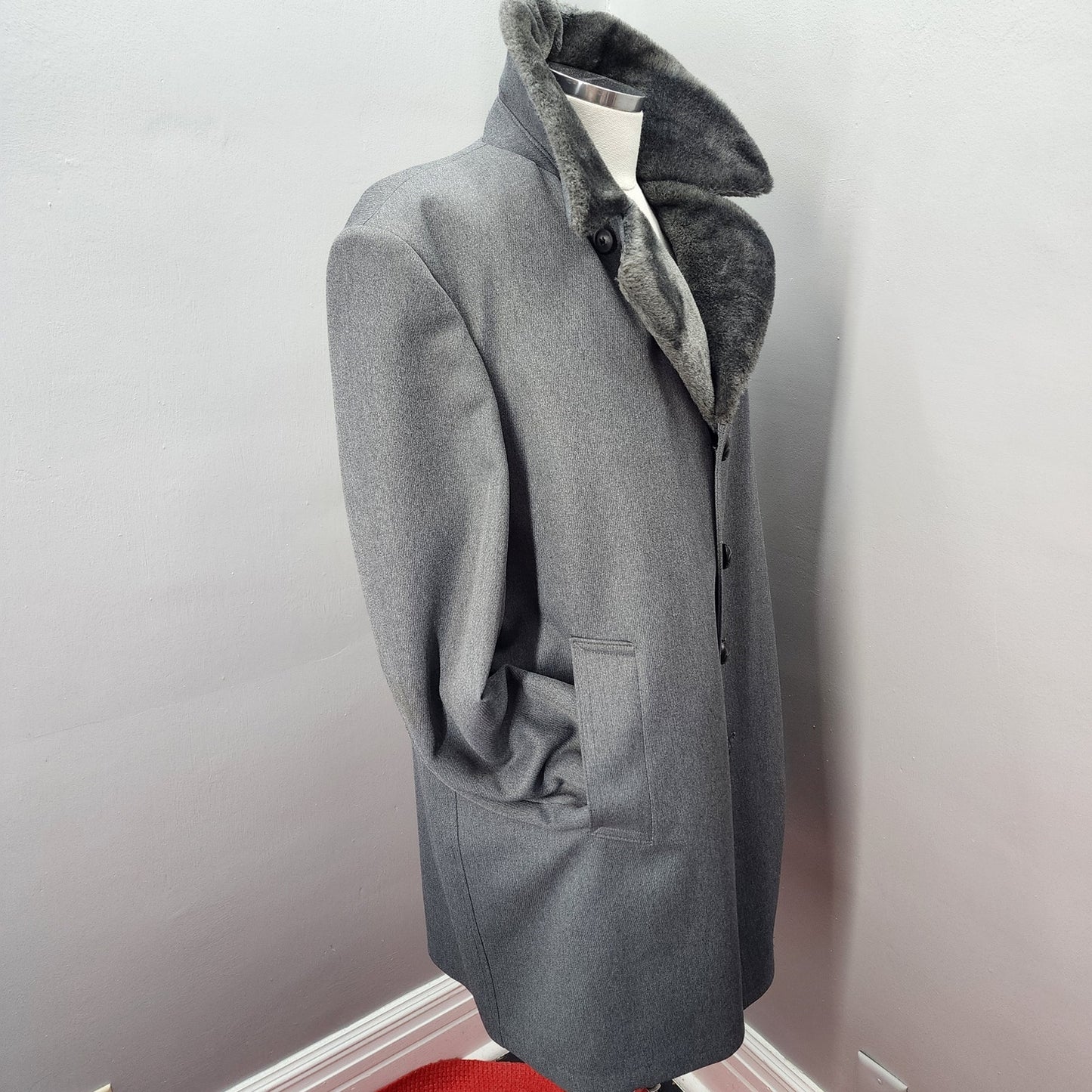70s Vintage London Fog Men's Faux Fur Lined Coat, Gray - 40R