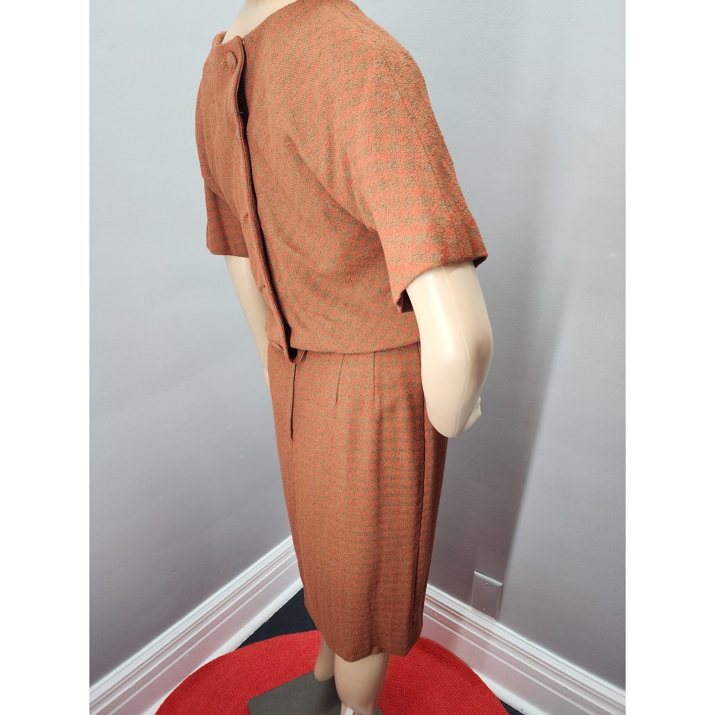 40s Vintage Domino Red & Brown Plaid lightweight Wool Blend Dress - S