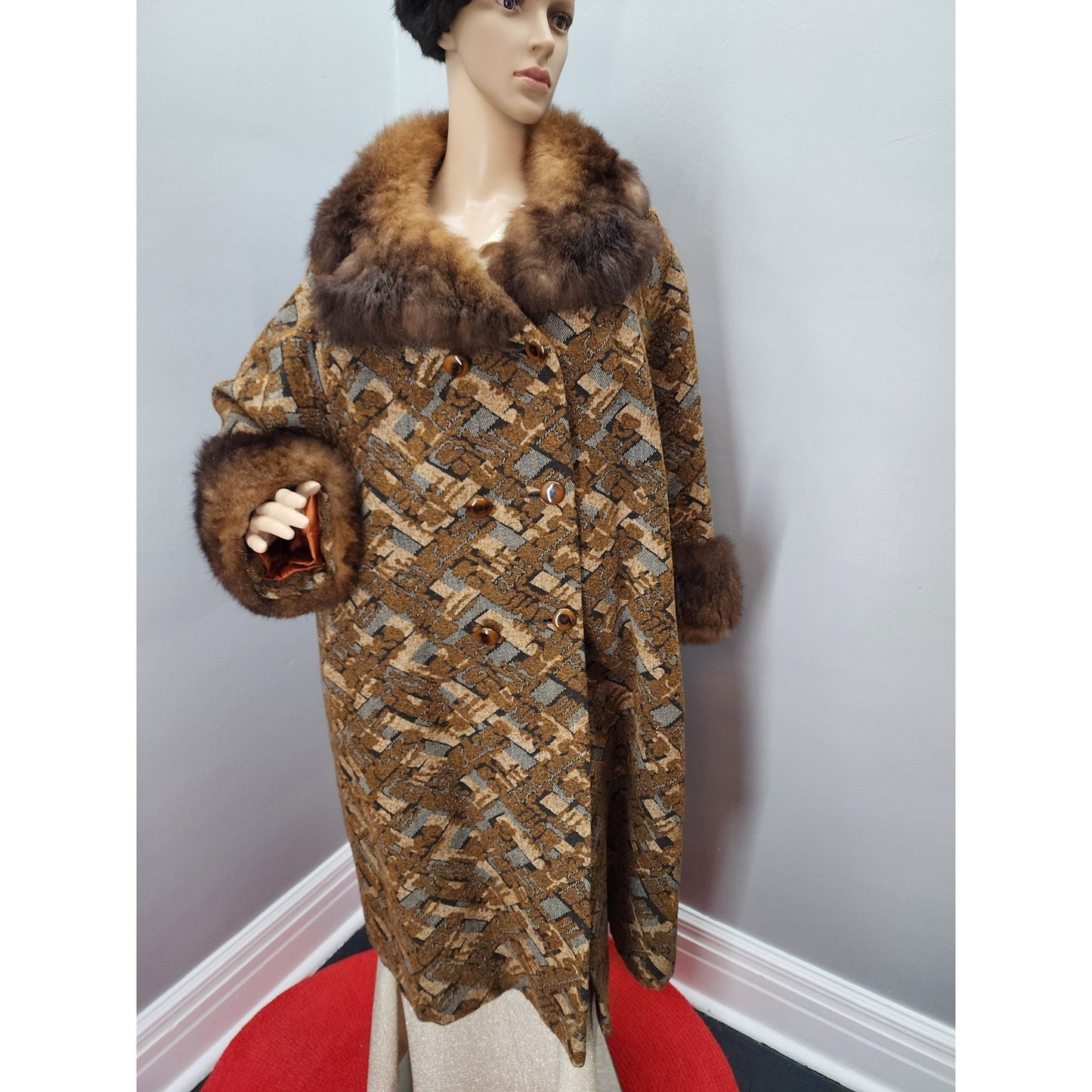 60s Vintage Kalin's (Holly Classic)Tapestry Coat w/Fur Trim - XXL
