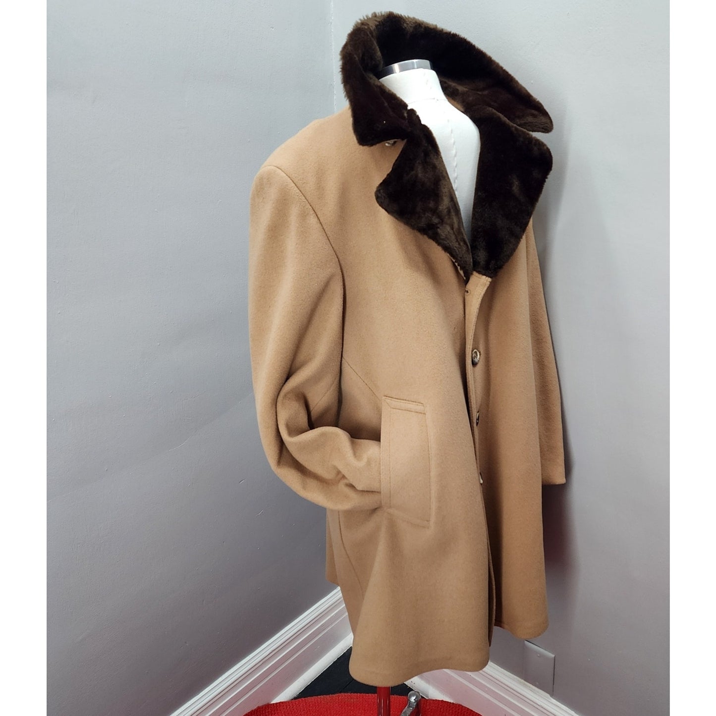 70s Vintage London Fog Men's Faux Fur Lined Coat, Camel - 44R
