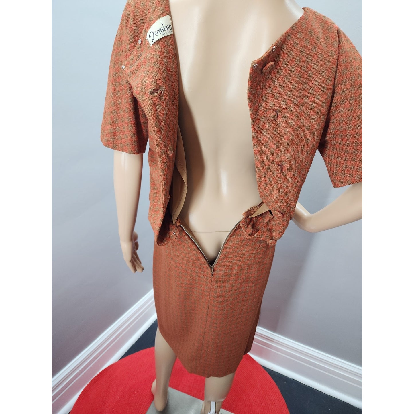 40s Vintage Domino Red & Brown Plaid lightweight Wool Blend Dress - S