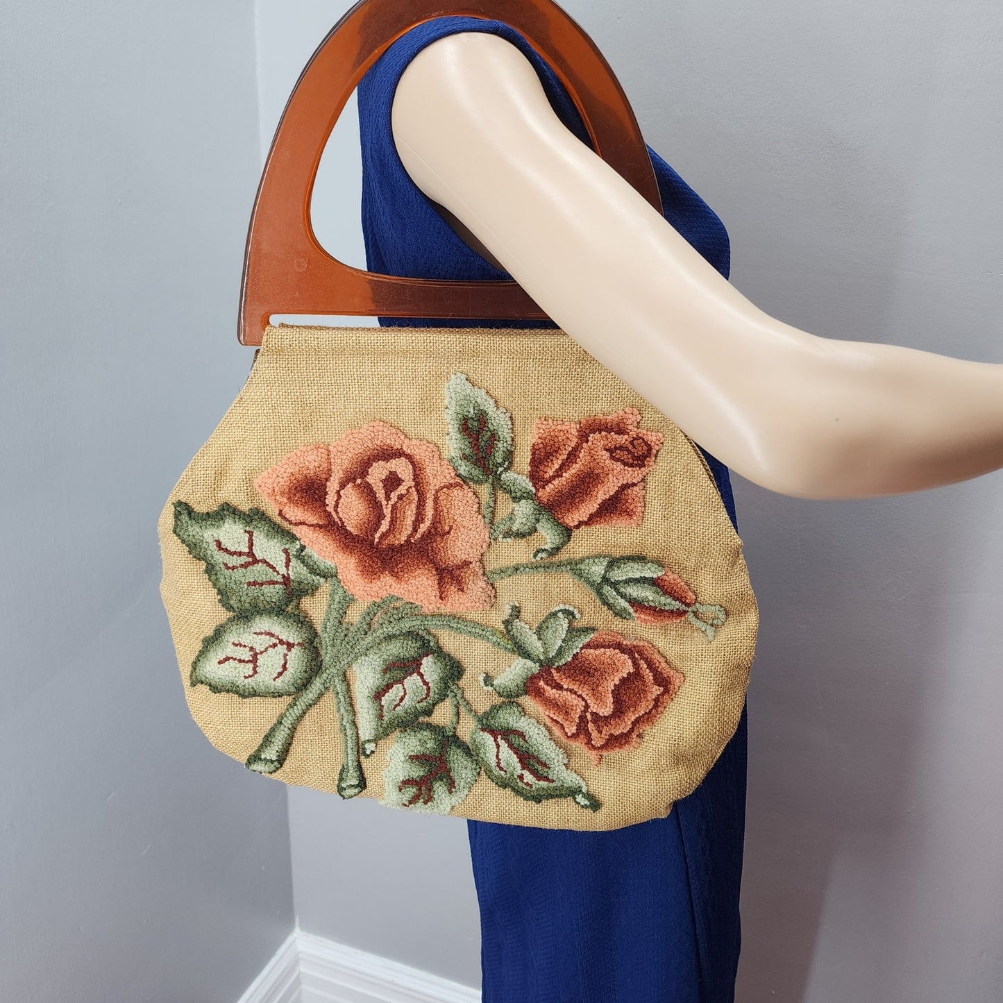 70s Vintage Handmade Sac Purse, Embroidery on Burlap, Large