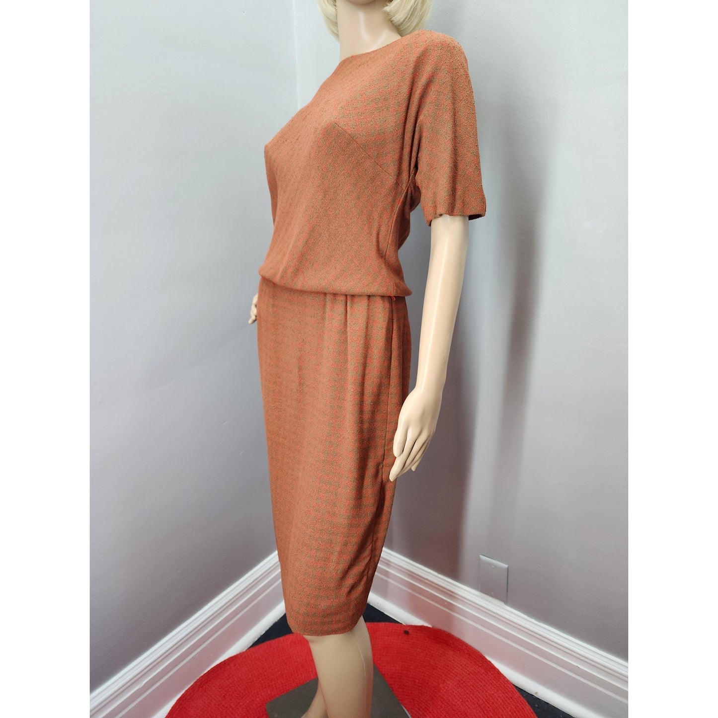 40s Vintage Domino Red & Brown Plaid lightweight Wool Blend Dress - S