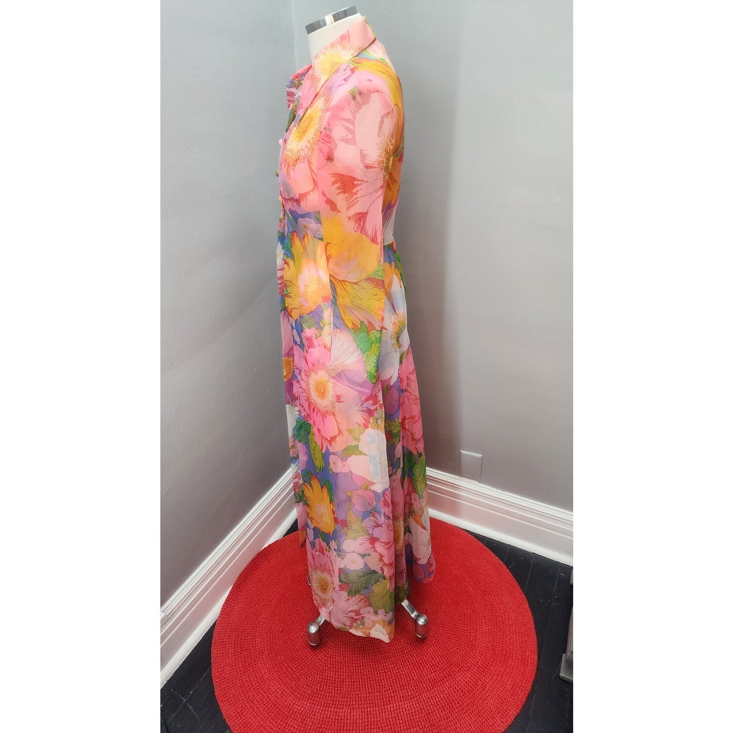 70s Vintage Poppy Maxi Dress with Matching Duster Jacket - S