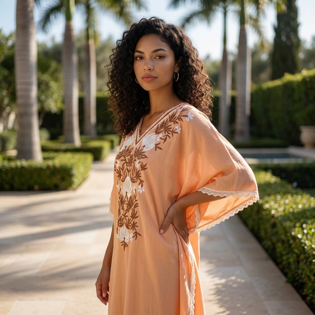 70s Vintage Handmade Embroidered Caftan Kaftan, Peach - M