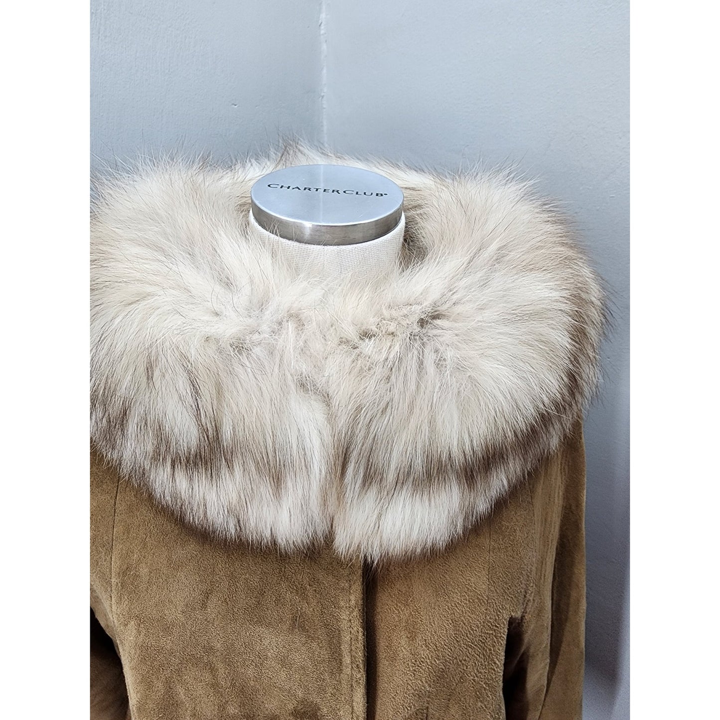 60s Vintage Suede Coat with Huge Silver Fox Collar - XL