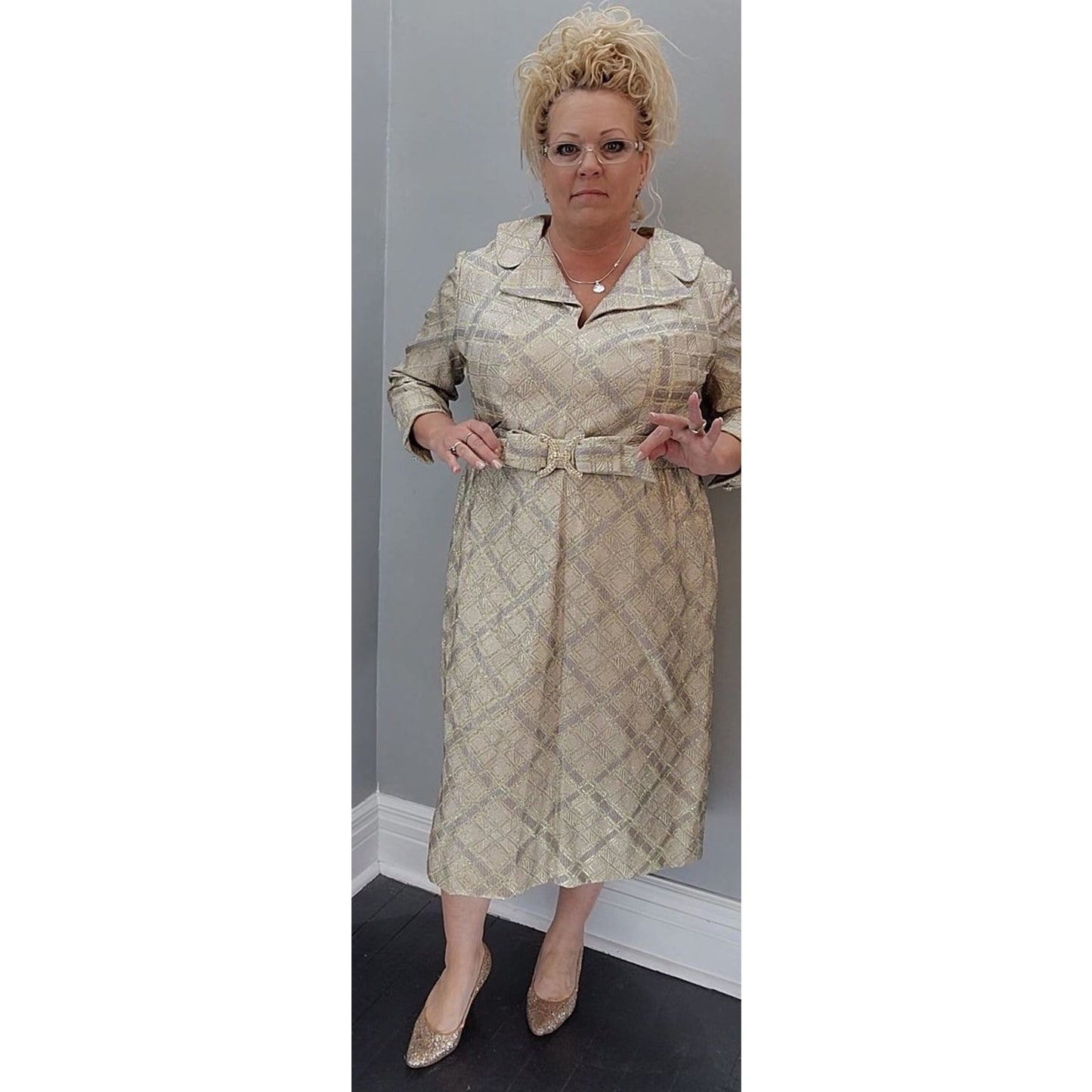 50s Vintage Gold & Silver Lame Cocktail Dress - 24 1/2 2XL