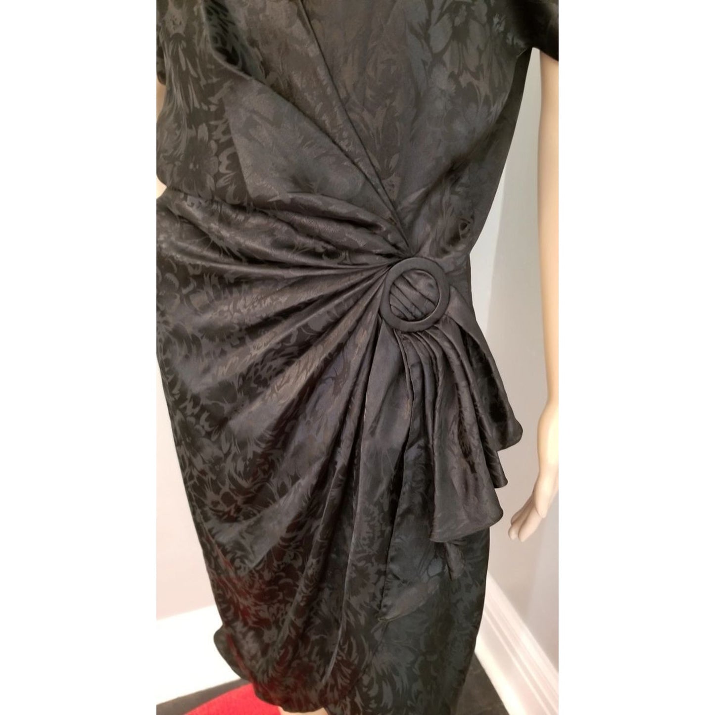 80s Vintage Pat Argenti Boutique Black Faux Wrap Dress - M