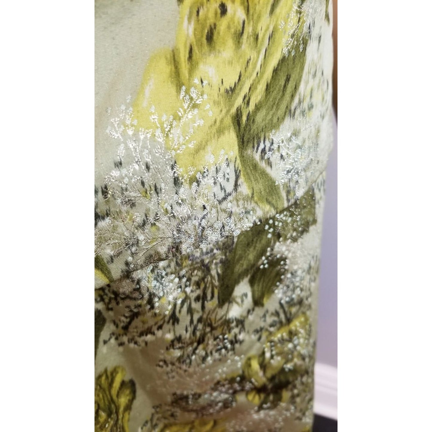 50s Vintage Mardi Gras Silk Dress in Greens and Silver - M