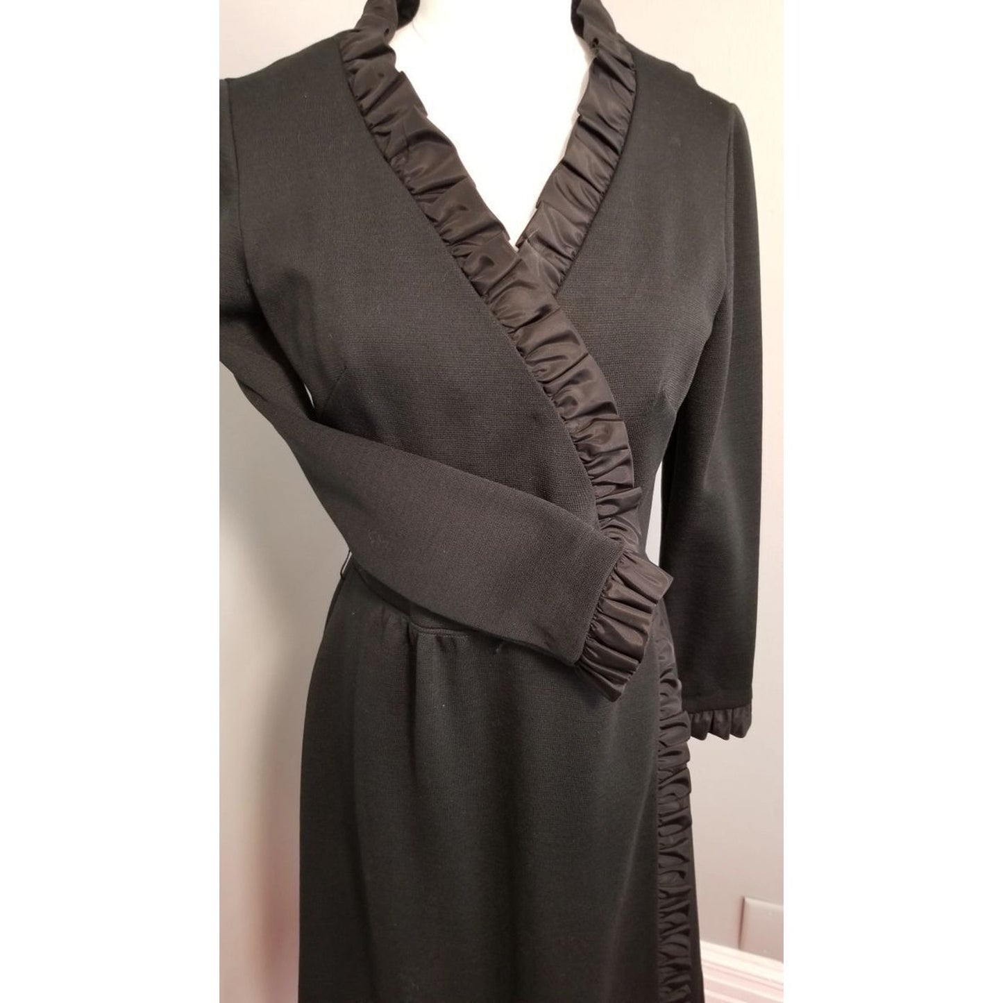 60s Vintage R&K Knit Black Wrap Dress with Satin Ruffle Trim - M