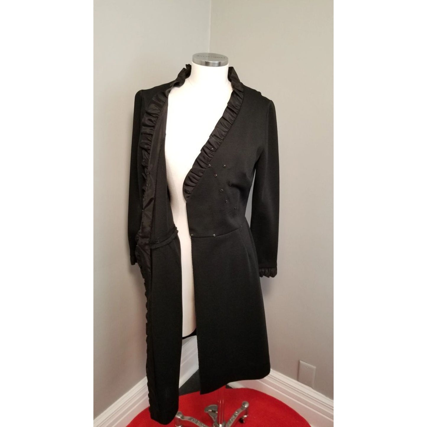 60s Vintage R&K Knit Black Wrap Dress with Satin Ruffle Trim - M