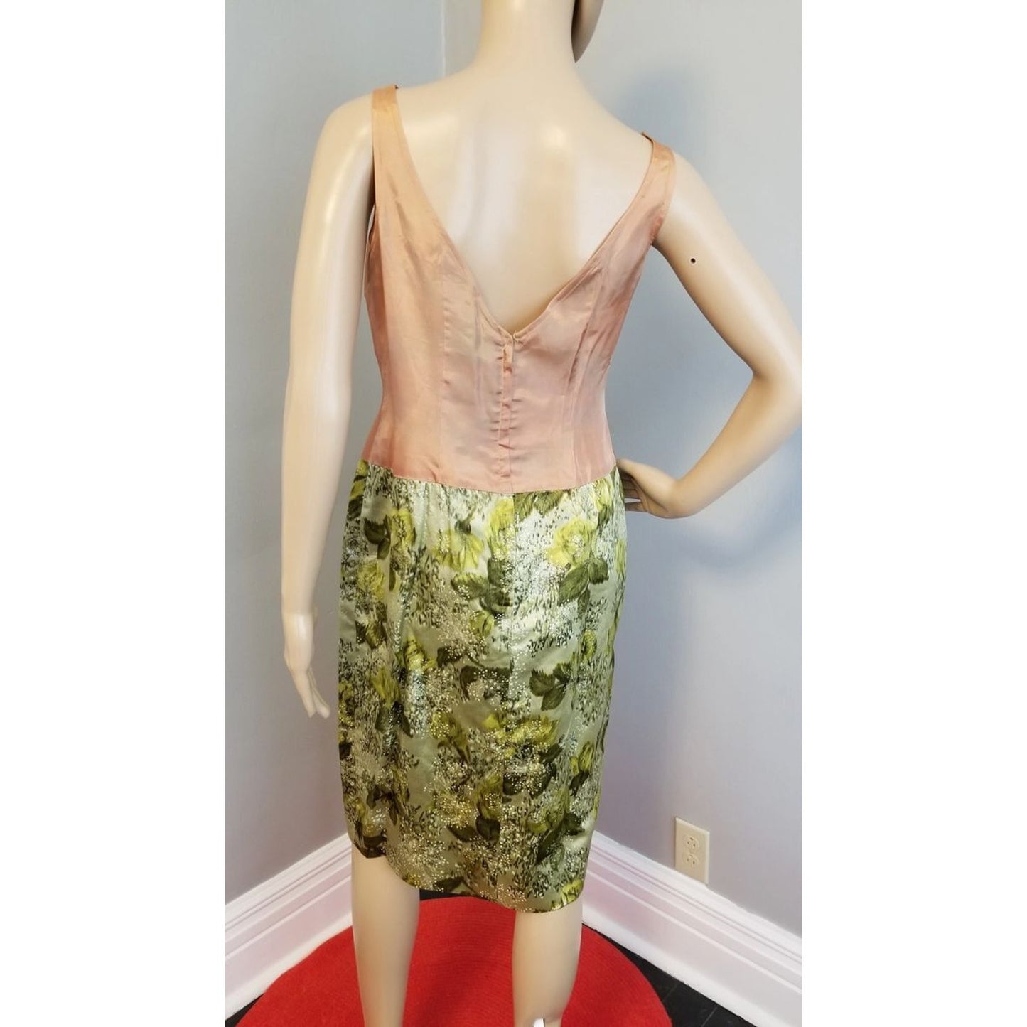 50s Vintage Mardi Gras Silk Dress in Greens and Silver - M