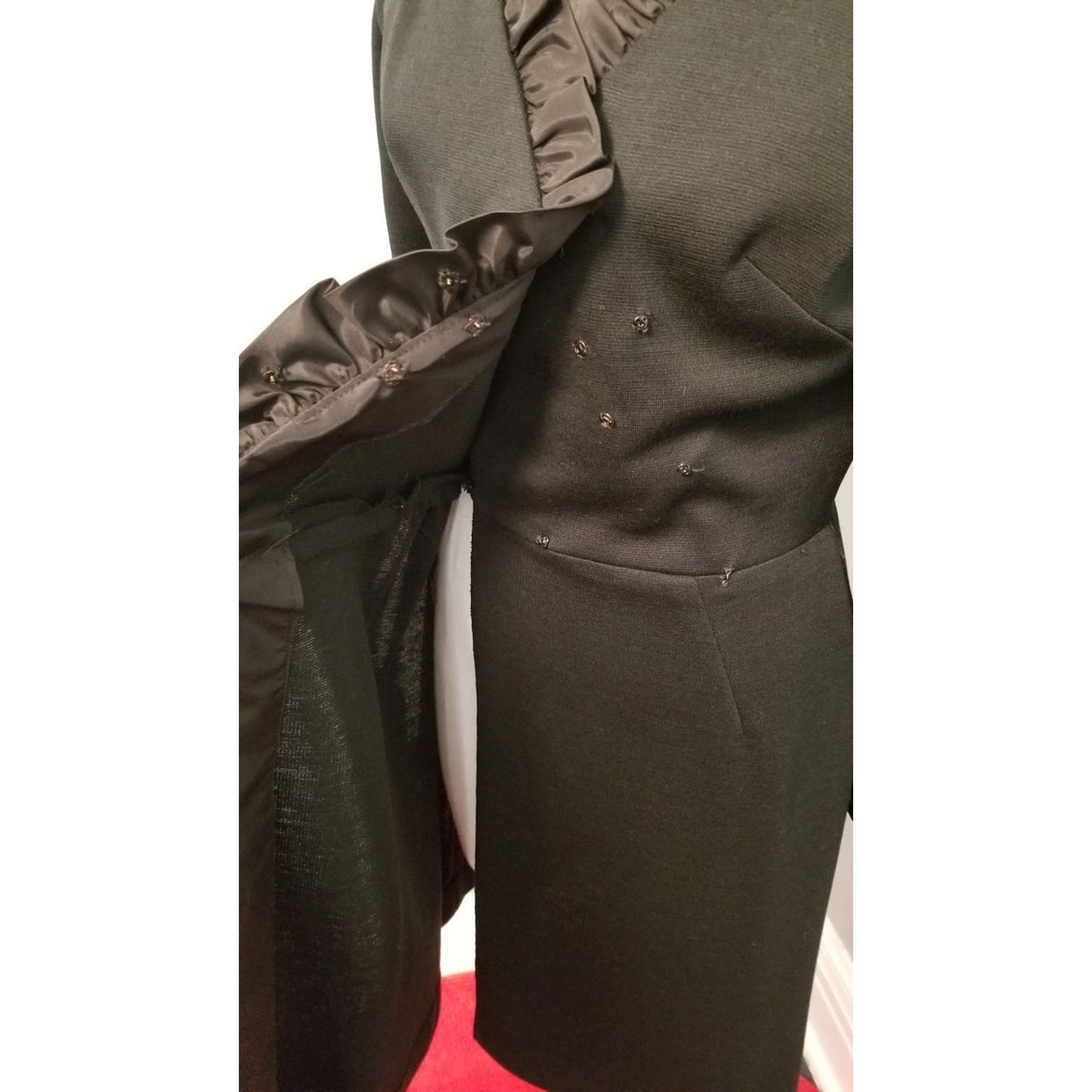60s Vintage R&K Knit Black Wrap Dress with Satin Ruffle Trim - M