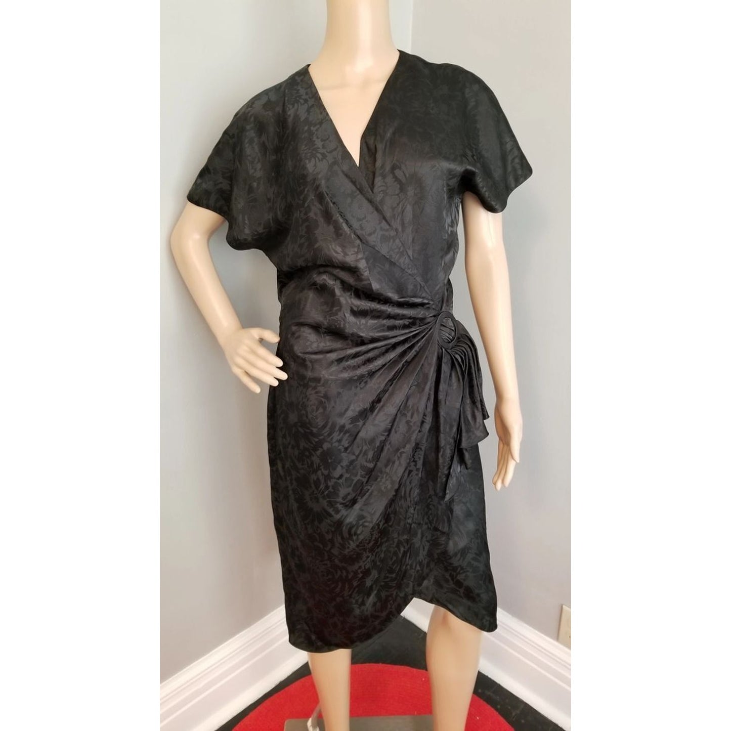 80s Vintage Pat Argenti Boutique Black Faux Wrap Dress - M