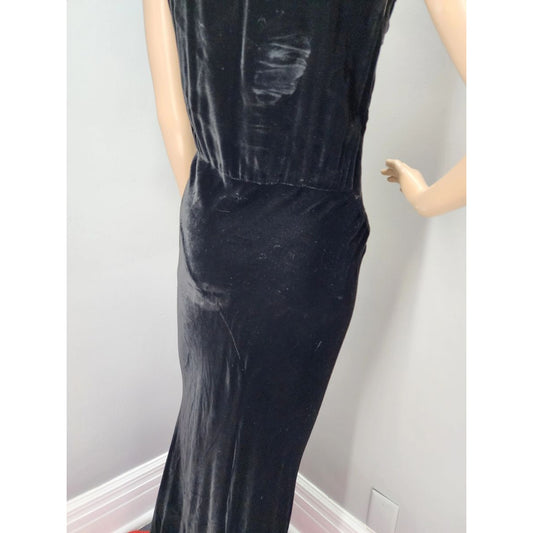 1930s Vintage Black Silk Velvet Sleeveless Mini-Trumpet Gown - S