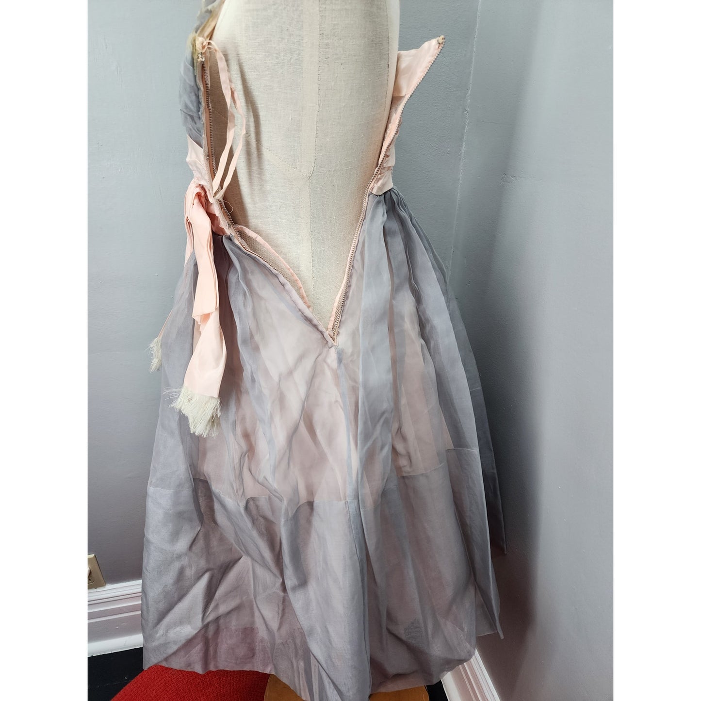 50s Vintage Gray Chiffon & Pink Satin Gown w/ Satin Waist - XS  PROJECT