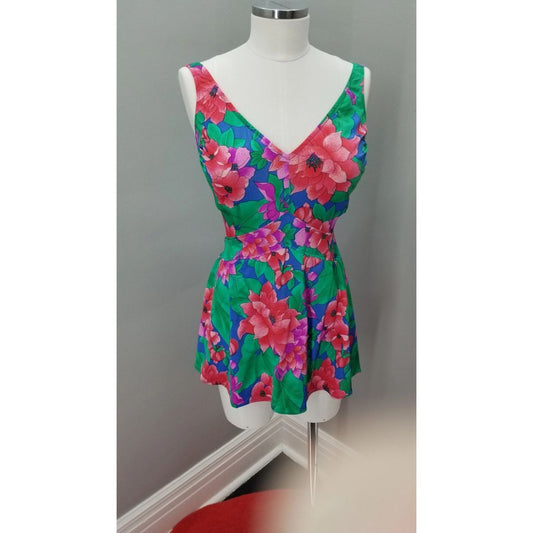 80s Vintage Roxanne Floral Swim Dress Suit, Swimsuit - M