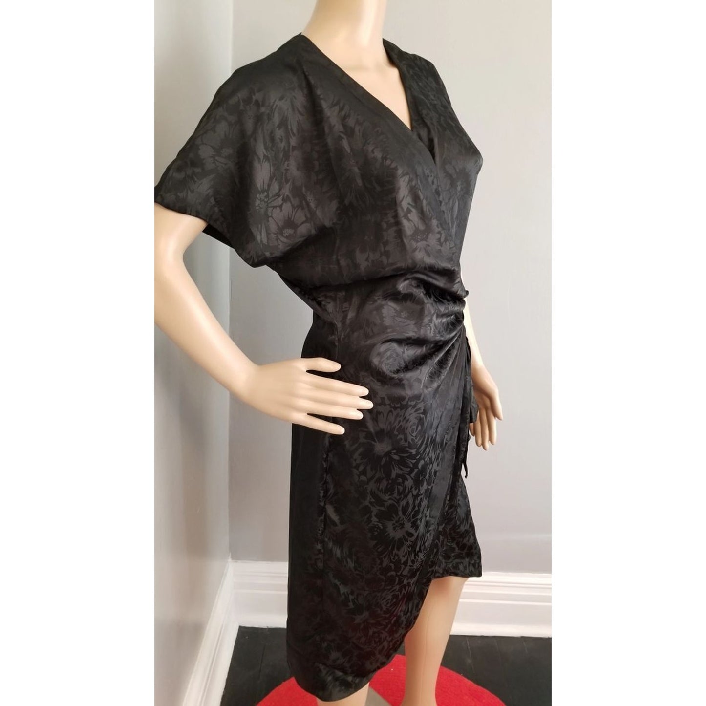 80s Vintage Pat Argenti Boutique Black Faux Wrap Dress - M
