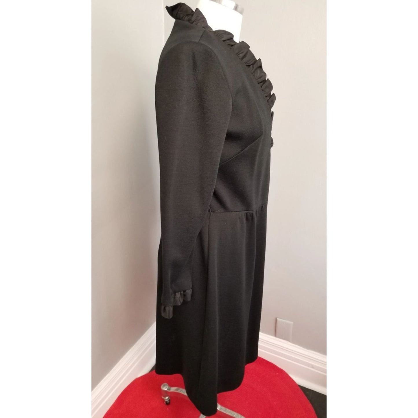 60s Vintage R&K Knit Black Wrap Dress with Satin Ruffle Trim - M