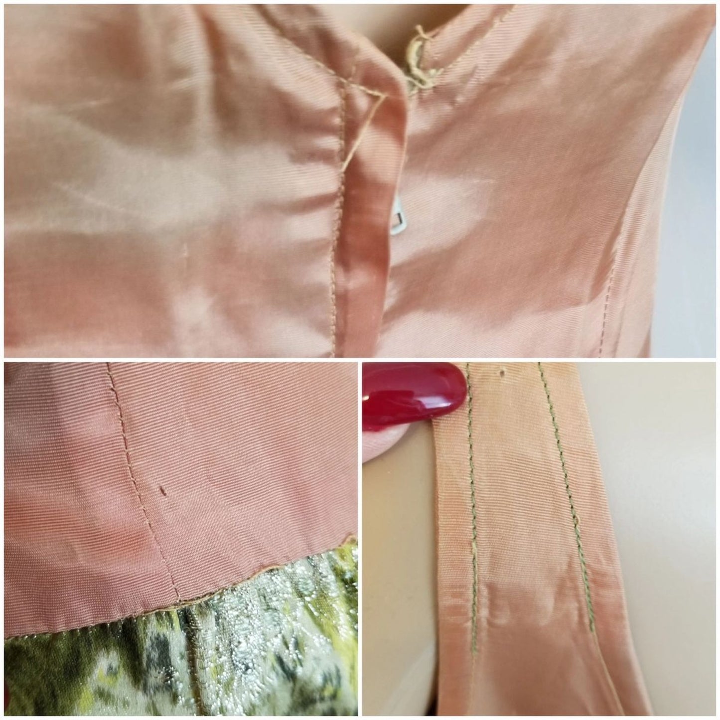 50s Vintage Mardi Gras Silk Dress in Greens and Silver - M