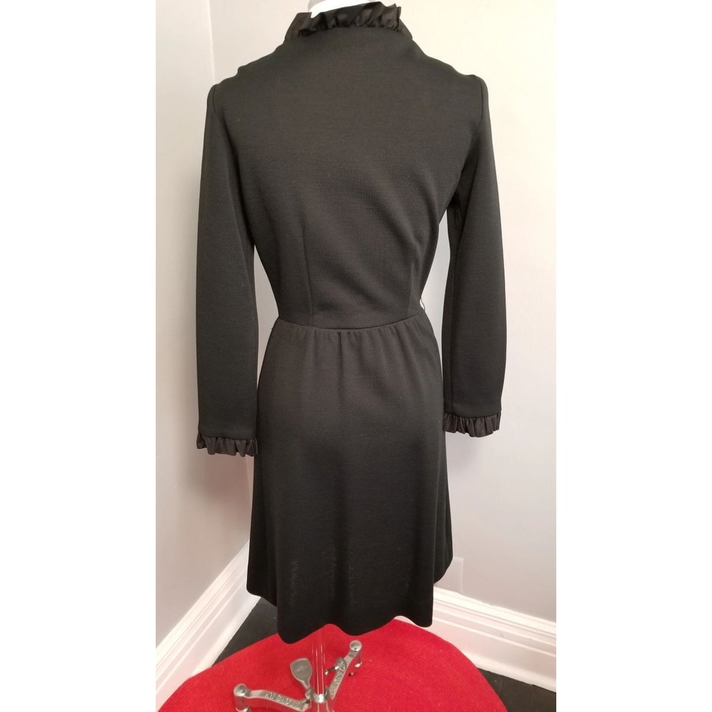 60s Vintage R&K Knit Black Wrap Dress with Satin Ruffle Trim - M